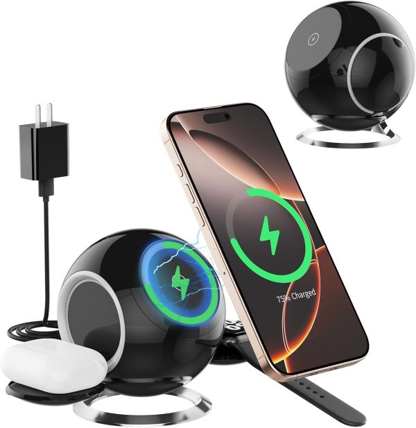 2025 3 in 1 Charging Station Compatible with Mag-Safe Charger iPhone Wireless Charging Stand 16 15 14 13 12 Series AirPods Wireless Charging Station iWatch Series (Black)