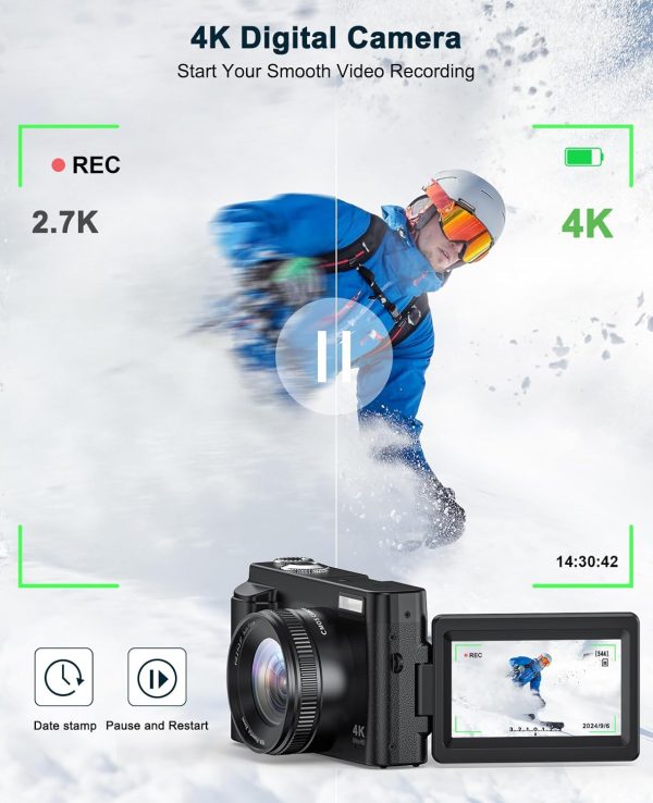 4K Digital Camera for Photography Auto-Focus Vlogging Camera for YouTube Video with 3'' 180° Flip Screen 16X Anti-Shake 4K Camera Compact Cameras with SD Card, Flash, 2 Batteries & Battery Charger - Image 2