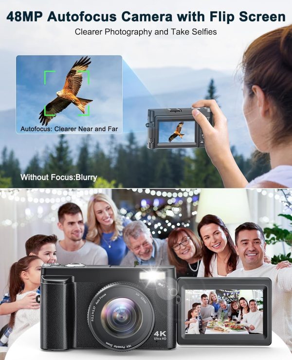 4K Digital Camera for Photography Auto-Focus Vlogging Camera for YouTube Video with 3'' 180° Flip Screen 16X Anti-Shake 4K Camera Compact Cameras with SD Card, Flash, 2 Batteries & Battery Charger - Image 3