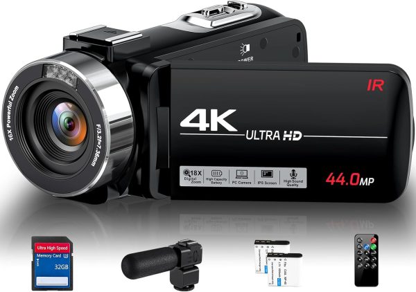 4K Video Camera Camcorder Ultra 44MP Vlogging Camera for YouTube 18X Digital Zoom Camcorder 3.0" IPS Screen IR Night Vision with External Mic, Controller, 2 Batteries and 32G SD Card