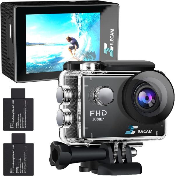 Action Camera 1080P 30fps Sports Camera 40m/131ft Underwater Waterproof with 2 Batteries and Multi-Function Accessory