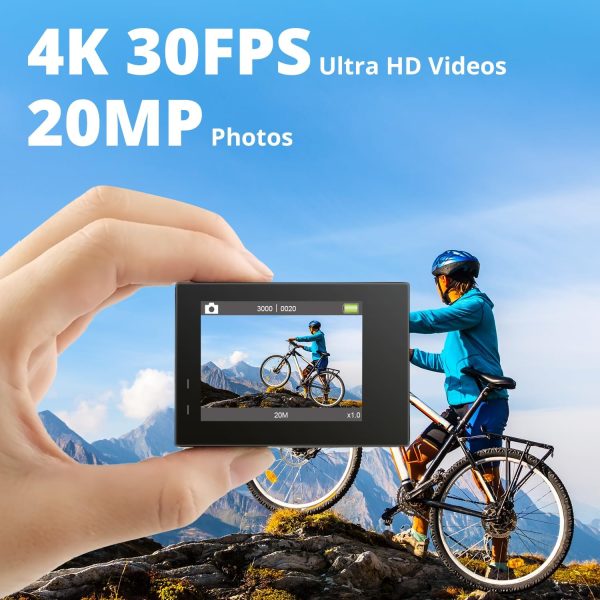 AKASO Brave 4 4K30fps 20MP WiFi Action Camera Ultra Hd with EIS 131ft Waterproof Camera Remote Control 5xZoom Underwater Camcorder with 2 Batteries and Bicycle Helmet Accessories Kit - Image 2