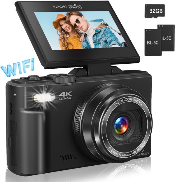 Digital Camera for Photography, 4K Vlogging Camera for YouTube 3" 180° Flip Screen 18X Digital Zoom Compact Retro Camera with 32GB TF Card & 2 Batteries, Black