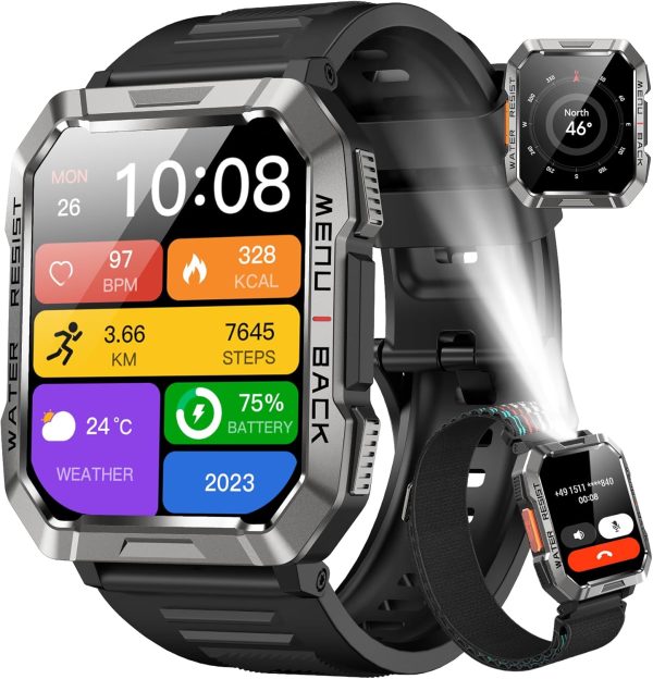 Military Smart Watches for Men(Answer/Make Calls),2.01"HD Screen Outdoor Sports Smartwatch with LED Flashlight,700mAh Battery,Heart Rate/Sleep Monitor Fitness Tracker for Android iOS,100+Sport Modes