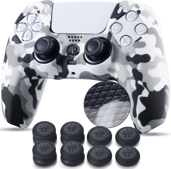 Studded Printing Silicone Cover Skin Case for PS5 Controller x 1(White) with Pro Thumb Grips x 10