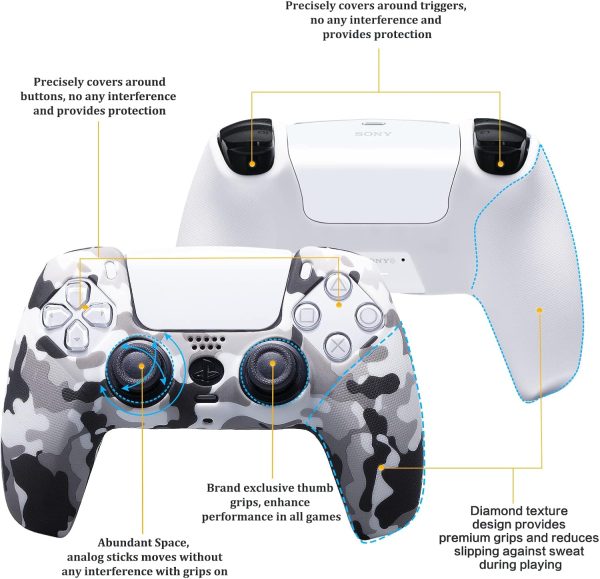 Studded Printing Silicone Cover Skin Case for PS5 Controller x 1(White) with Pro Thumb Grips x 10 - Image 2