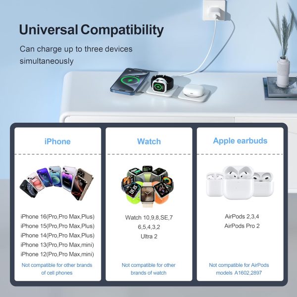 UCOMX 3 in 1 Charging Station for Multple Devices,Foldable 3 in 1 Wireless Charger for Travel,Nano Wireless Charging Station for iPhone16 15 14 13 12 Pro Max/Watch 10 9 8 7 6 5 4 3 Ultra/AirPod Pro - Image 4